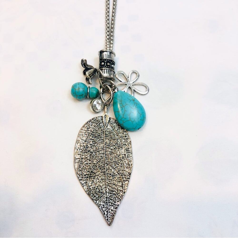 Trendy Long Necklace Faux Silver Turquoise Charms - Picture 13 of 16